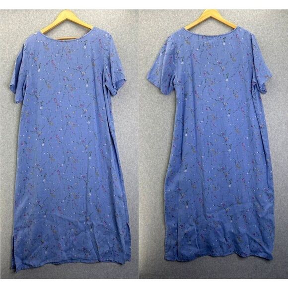 Russ Berens Malibu Blue Linen Dress Size Large Midi‎ Ditsy Floral Lagenlook Vntg - Picture 1 of 13